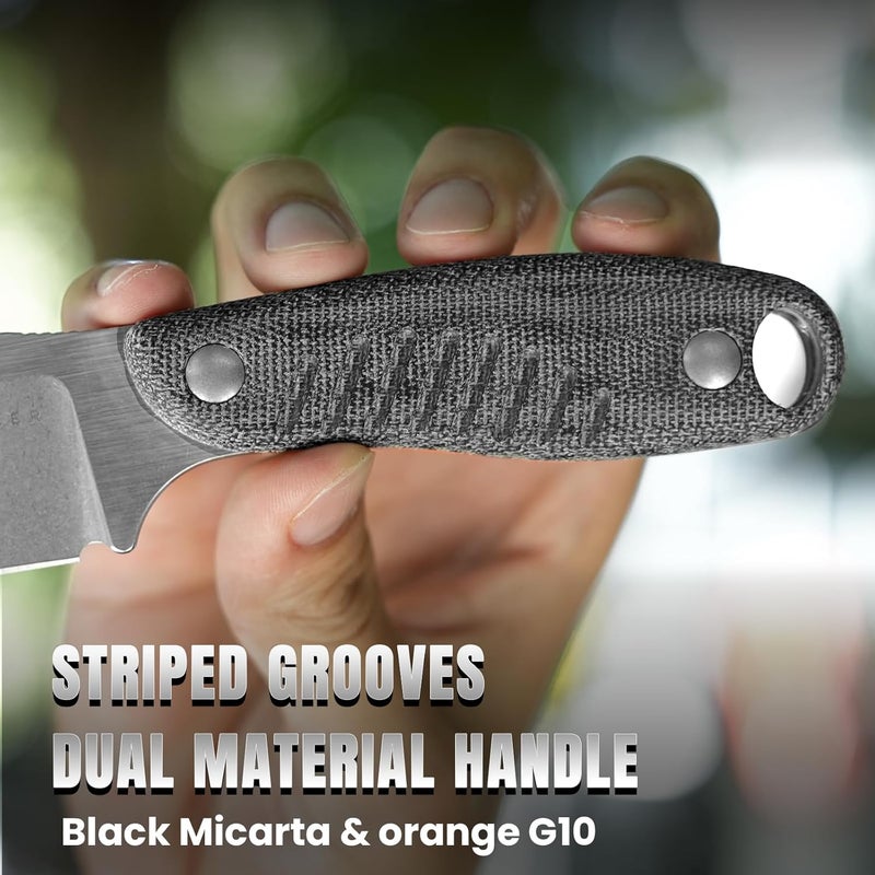 KIZER Hare Fixed Blade Knife with Sheath, 3.14" Nitro V Blade EDC Hunting Knife with Black Micarta and Orange G10 Handle, Small Bushcraft Neck Knives, Camping Knives for Men Women, 1077A2 - Image 5